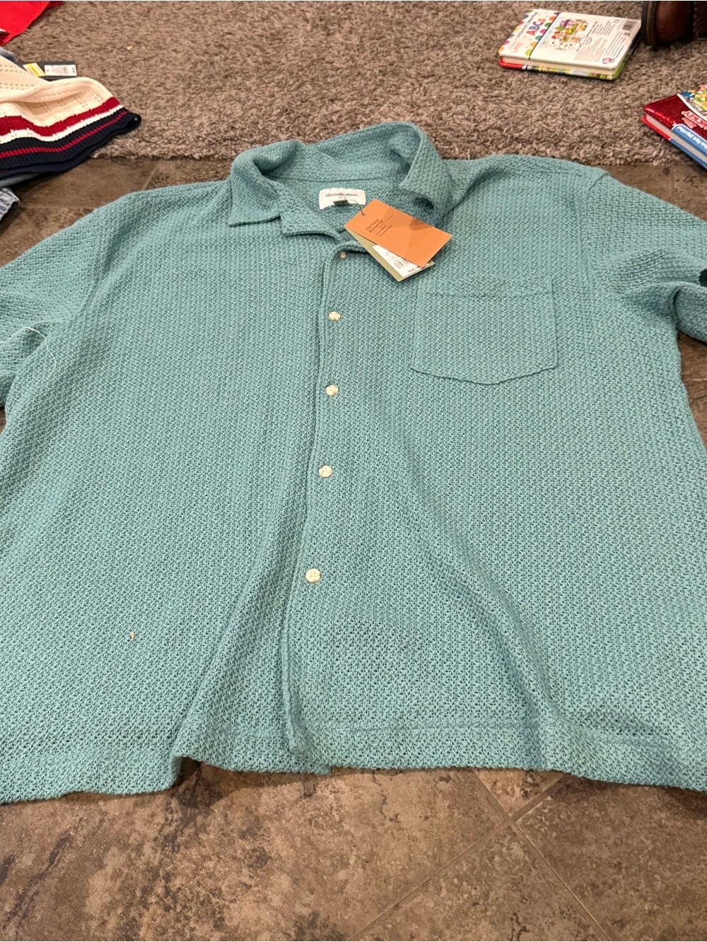 🤍Men's vacay open weave Tealish green Knit Button-Up Shirt